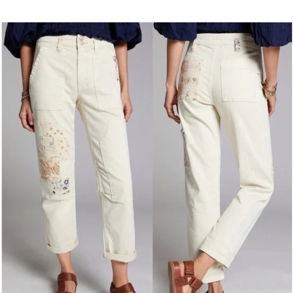 Anthro Pilcro The Wanderer Utility Jean Toile patch Ivory Cargo pants 27 jeans - Picture 5 of 16